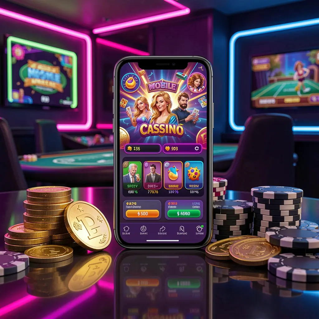 Dasbor kasino seluler SPIN718 pada ponsel pintar yang menampilkan antarmuka permainan penuh warna dengan koin emas dan chip poker di atas meja mengilap di bawah pencahayaan neon elegan