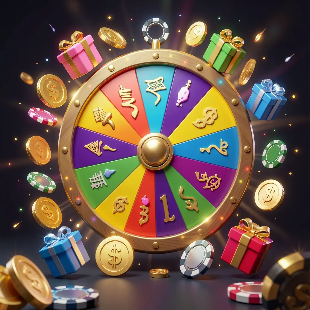 Roda bonus kasino online SPIN718 dengan roda hadiah berwarna-warni yang dikelilingi koin emas, chip, dan kotak hadiah, lampu kasino bercahaya menciptakan suasana jackpot yang menggembirakan pada latar belakang gelap