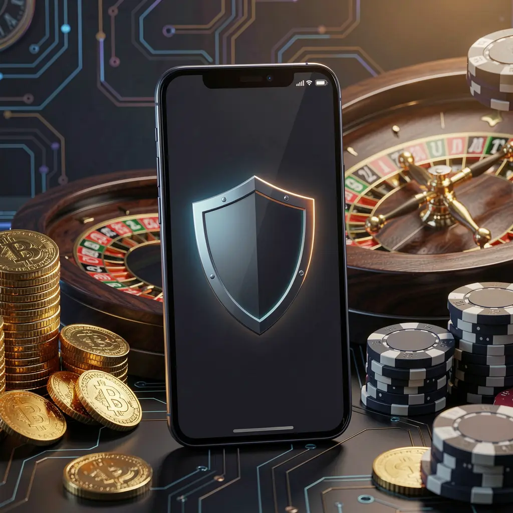 Layar masuk kasino seluler aman SPIN718 yang menampilkan ponsel dengan ikon perisai, roda roulette, chip poker, dan koin emas dalam suasana kemewahan siber gelap