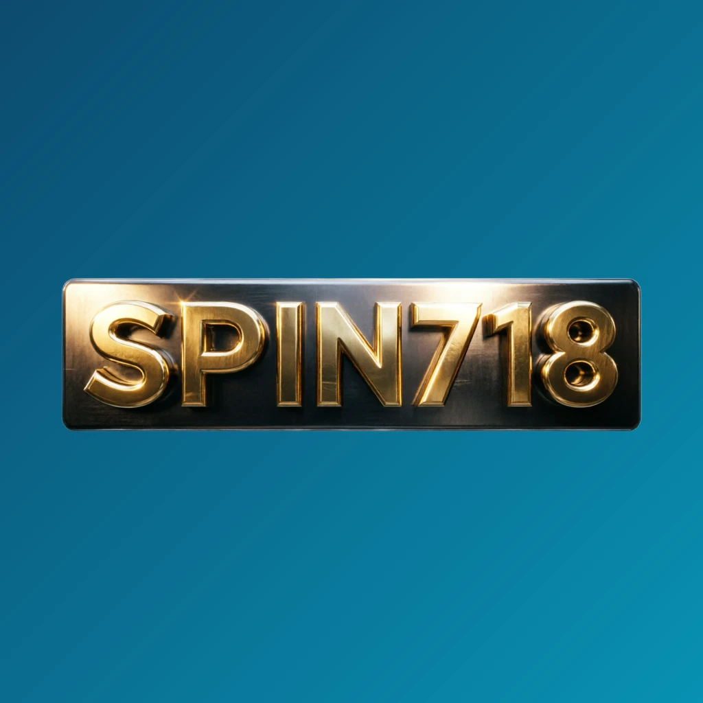 Logo SPIN718 metalik 3D dengan huruf emas mengilap dan pencahayaan dramatis, branding kasino premium pada latar belakang transparan, dirancang sebagai tanda kata persegi panjang horizontal untuk header situs web