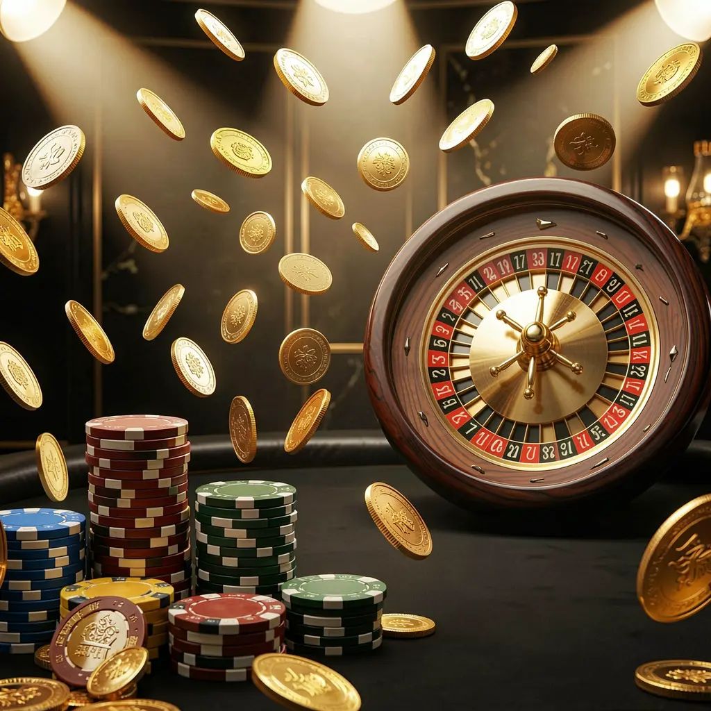 Latar belakang halaman utama kasino online SPIN718 yang menampilkan lampu kasino dramatis, koin emas beterbangan, tumpukan chip poker di latar depan, dan roda roulette di belakang dalam suasana mewah hitam dan emas